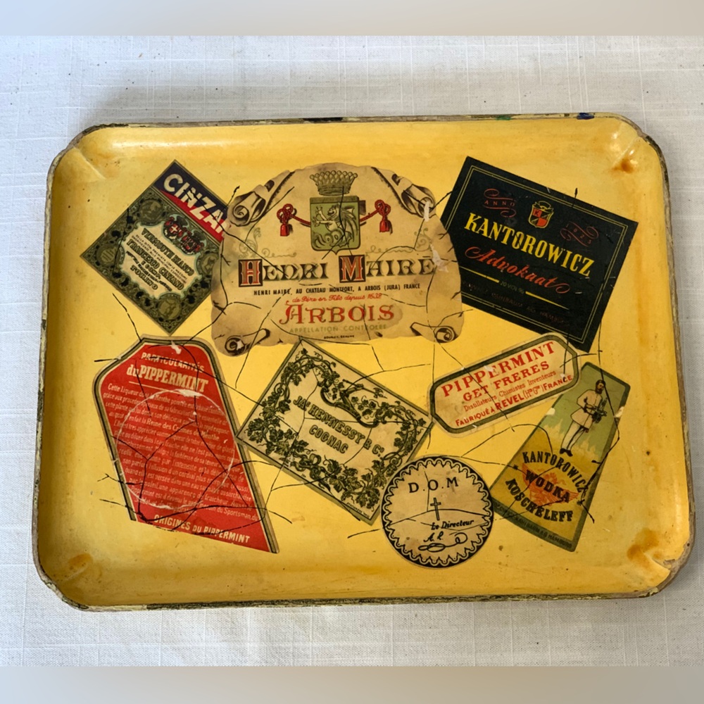 VINTAGE CARDBOARD LIQUOR THEMED TRAY | Label Decoupage Cocktail Serving Tray
